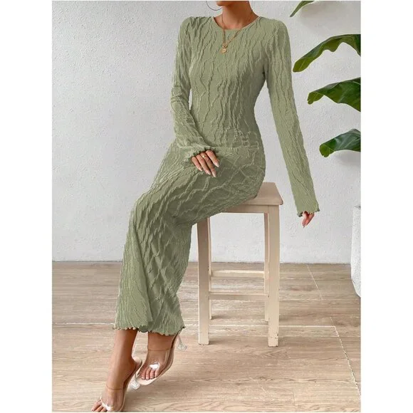 Women's Knit Maxi Dress Long Sleeve Backless Bodycon Fall Winter Green Large - Picture 6 of 6